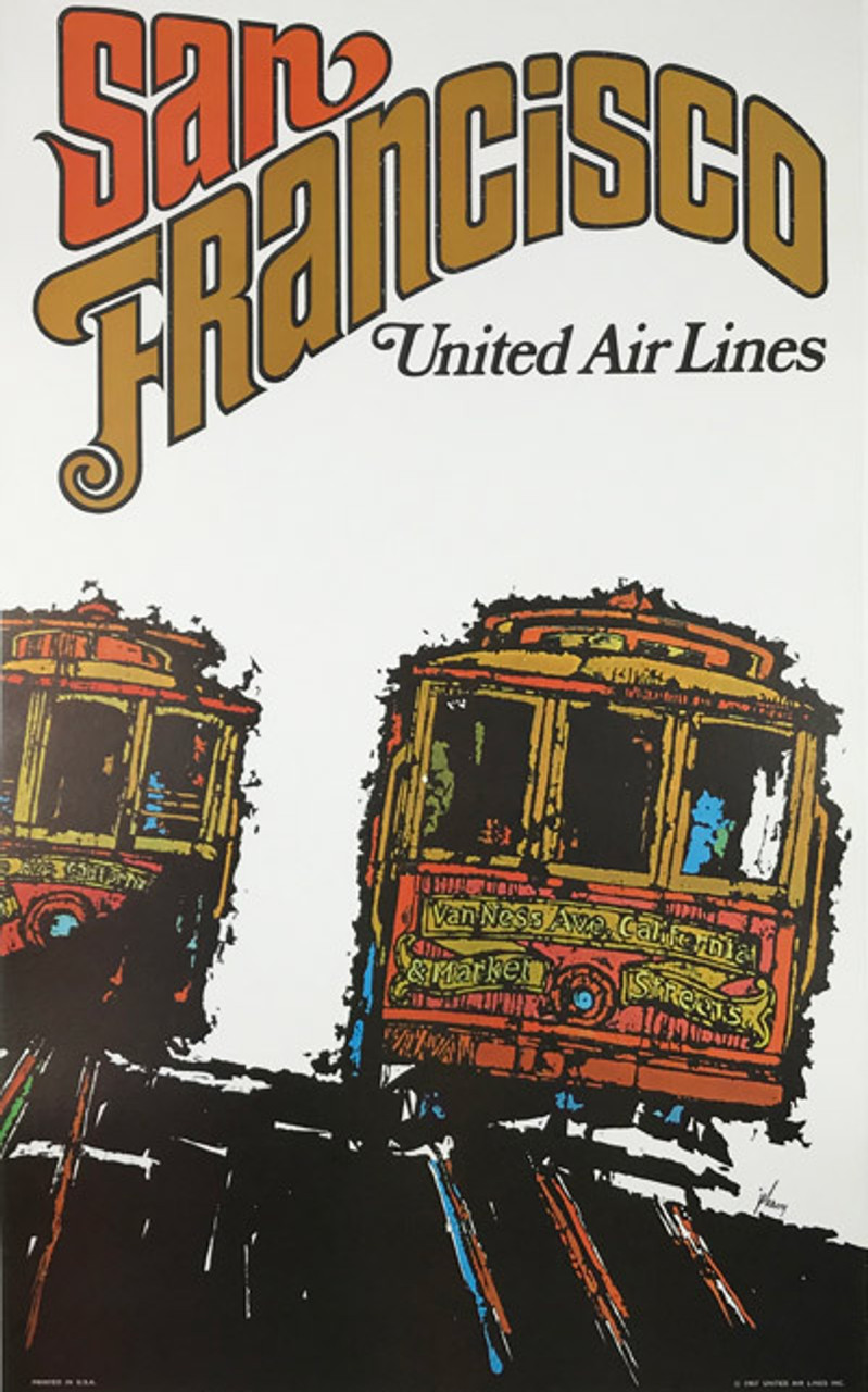 Original American 1969 Vintage San Francisco California United Airlines Advertising Offset Lithograph Travel Poster by Jabavy Linen Backed