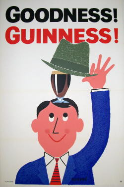 Goodness ! Guinness ! original advertisement lithography vintage poster by Peppe from 1962 England. Shows a cartoon man lifting his hat to reveal a glass of beer.