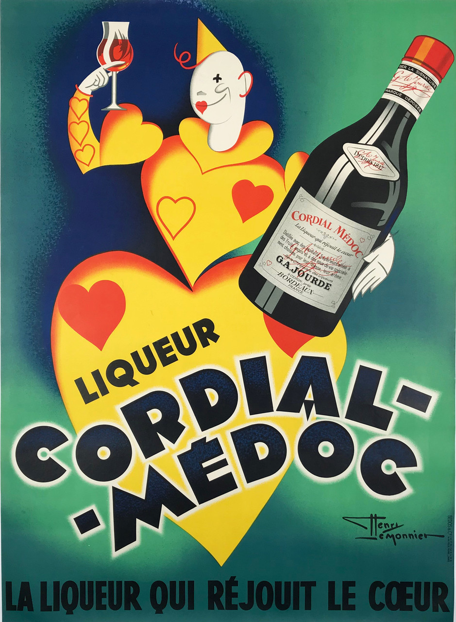 Cordial Medoc by Henry Le Monnier Original 1938 Vintage French Liquor Advertisement Poster Linen Backed. The liquor with heart! Made to advertise a liqueur which rejoices the heart.