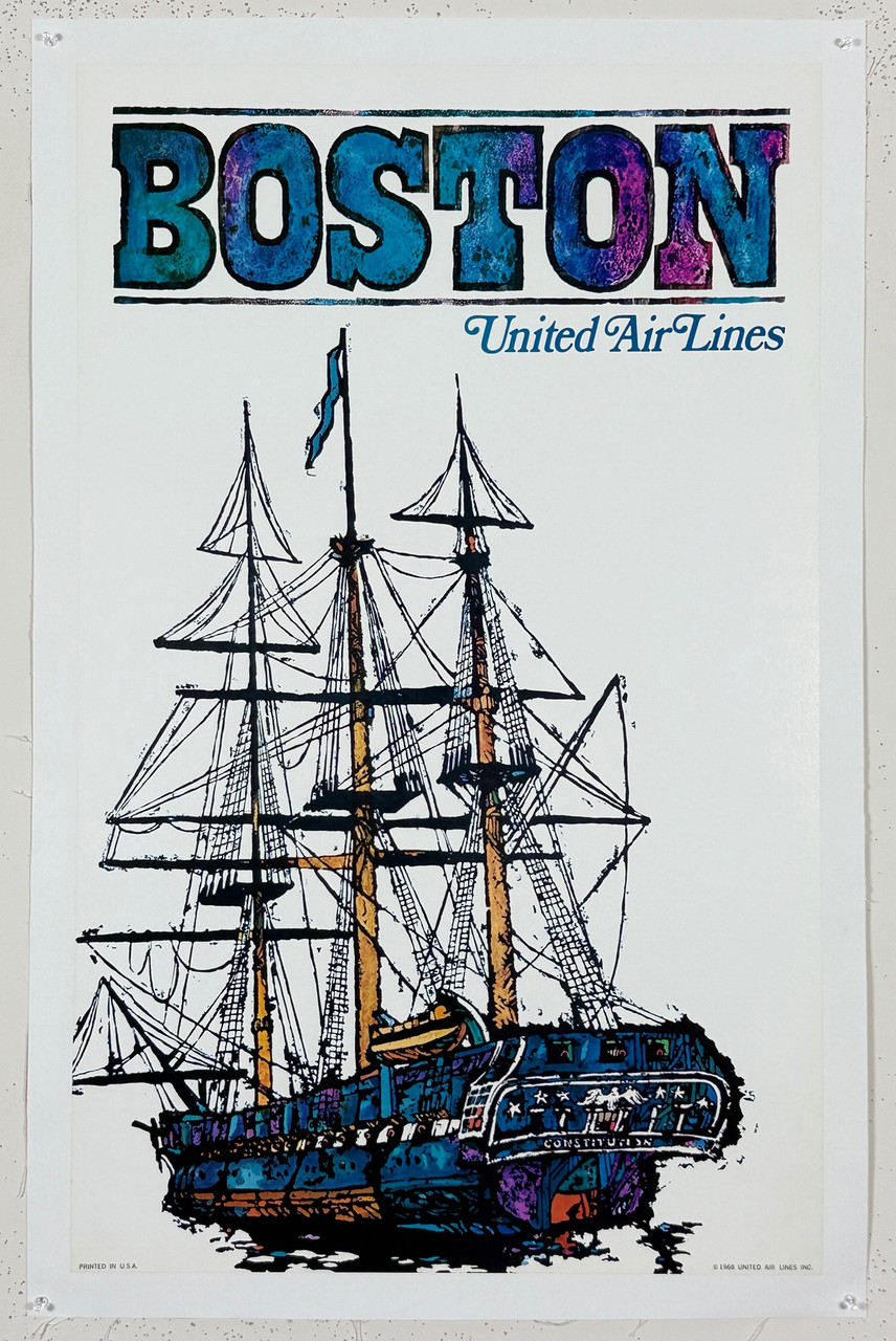 Boston United Airlines Poster By James Jebavy Original 1969 Vintage American Lithograph Passenger Plane Service Advertisement Linen Backed.