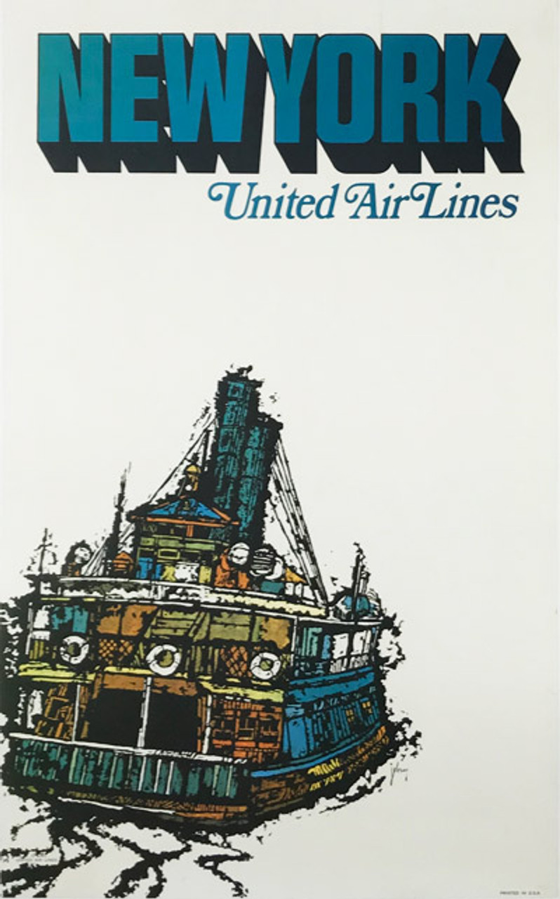 Original American 1967 Vintage New York United Airlines Advertising Offset Lithograph Travel Poster by Jabavy Linen Backed