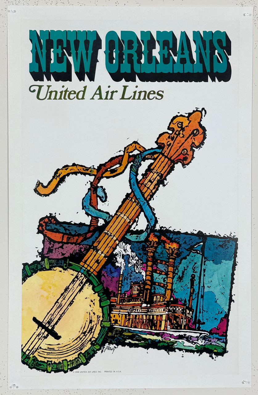 New Orleans United Airlines Poster By James Jebavy Original 1968 Vintage American Lithograph Passenger Plane Service Advertisement Linen Backed
