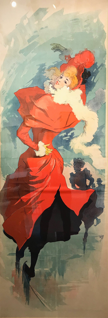 Palais De Glace ( Proof Before Letters) Original French 1893 Antique Stone Lithograph 2-Sheet Advertisement Poster by Jules Cheret. Shows a woman in red dress and hat ice skating with shadowed people skating behind her. 