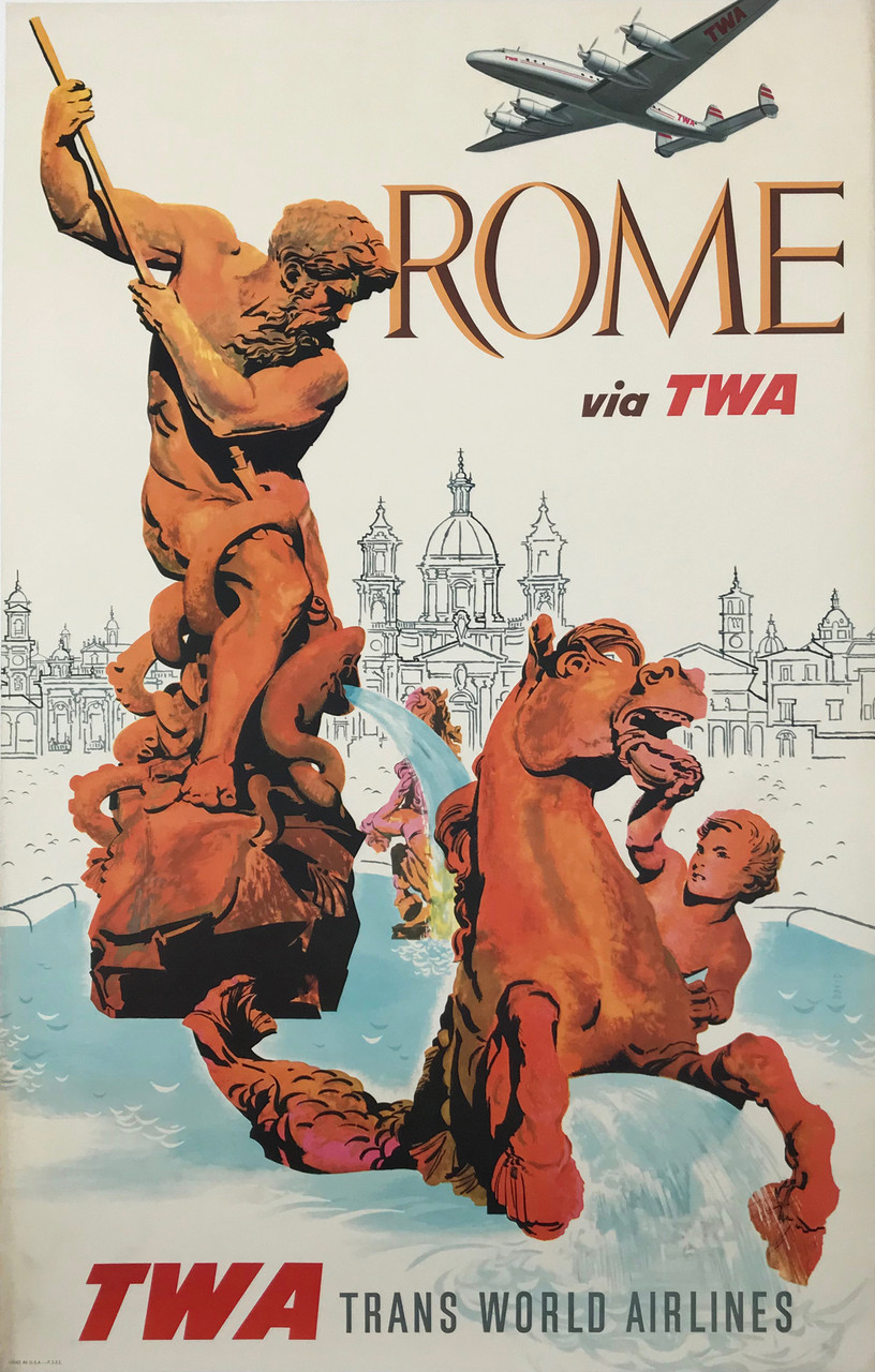 Rome via TWA Bernini Fountain Original 1956 American Travel Poster by David Klein Linen Backed. 