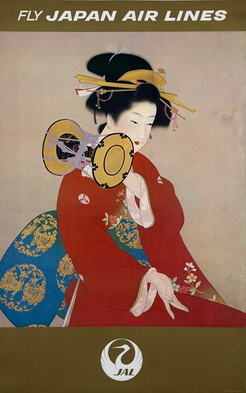 Fly Japan Airlines Poster by Shoen Uemura Original 1968 Vintage JAL Airline Advertisement Linen Backed. Famous Japanese Painting Titled Tsuzumi No Ne