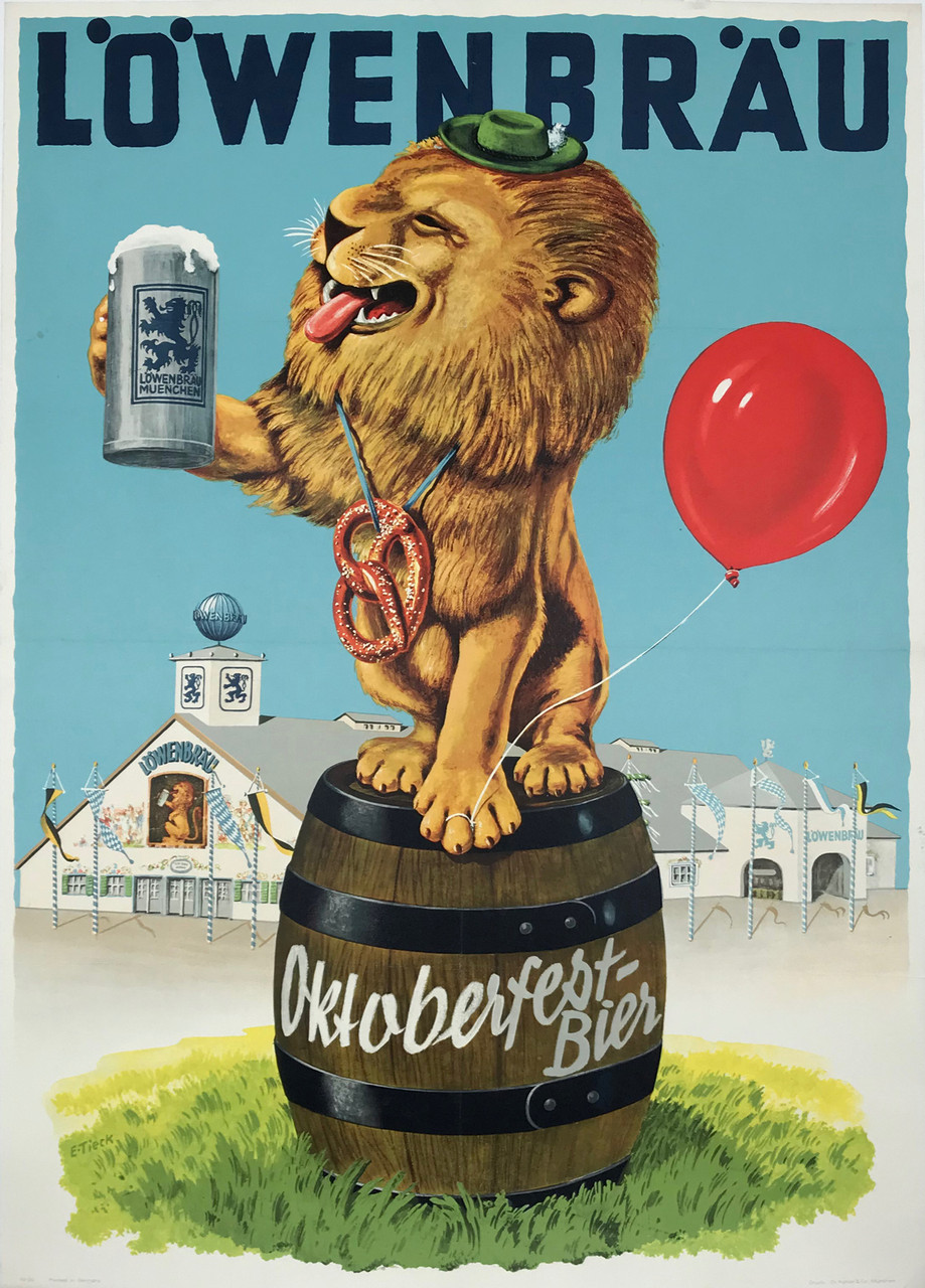 Lowenbrau Octoberfest Bier Poster by E. Tieck Original 1950 Vintage German Beer Advertisement Lithograph on Linen Backing.