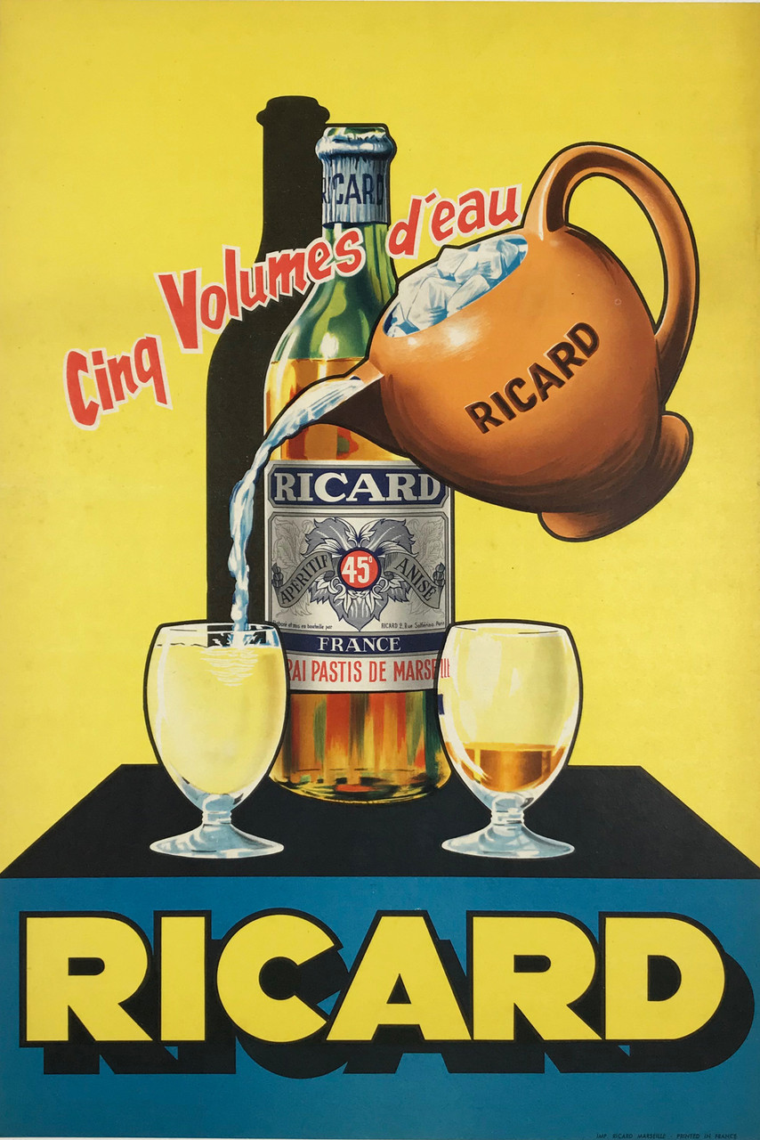 Ricard Aperitif Anise Original 1950 Vintage French Apertif Advertisement Poster Linen Backed.