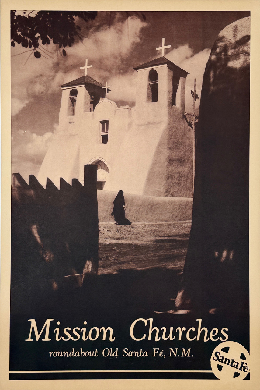 Santa Fe Railway Mission Churches Poster Original 1939 Vintage American Photo Offset Passenger Train Travel Advertisement Linen Backed.