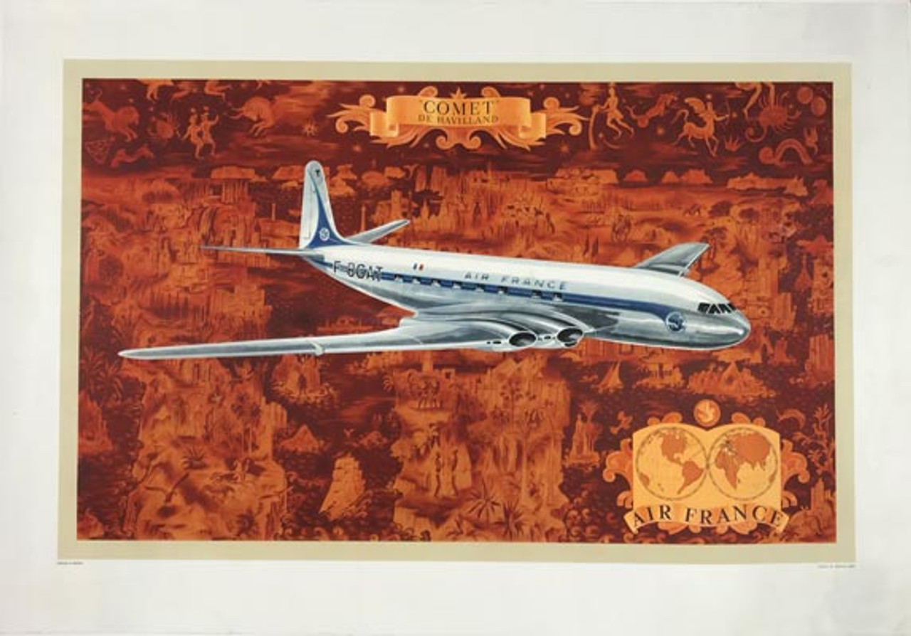 Air France Comet De Havilland Planisphere (map) with jet plane, original vintage travel poster by Lucien Boucher from 1953.