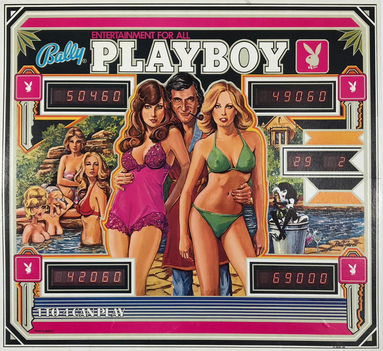 Playboy Bally Pinball Promo Poster by Paul Jaris Original 1978 Vintage American Pinball Game Advertisement Linen Backed.  Hugh Hefner with 1976 Playmate Patti McGuire and 1977 Playmate Sondra Theodore!