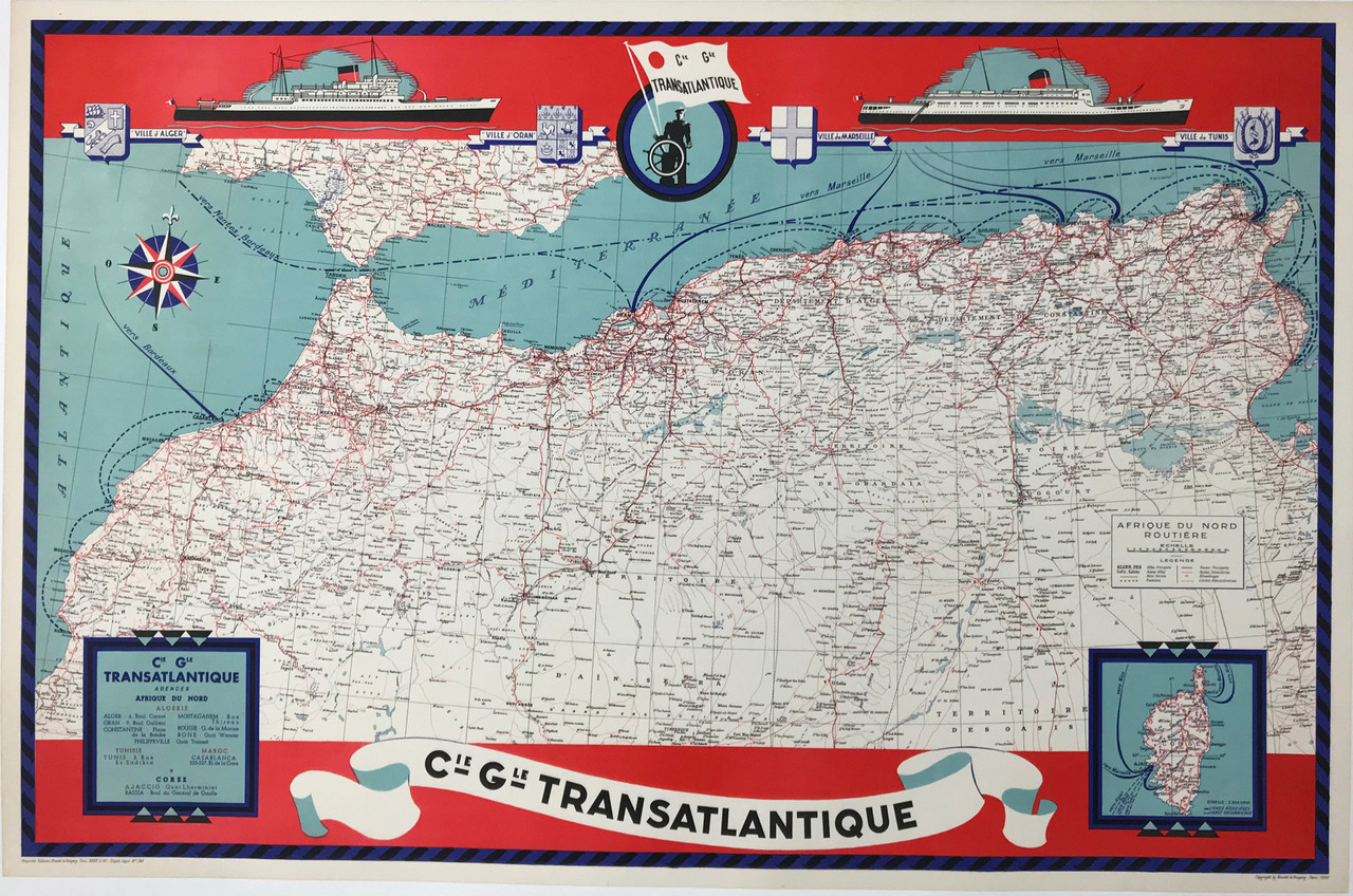 Cie Gle Transatlantique Afrique Du Nord Travel Map Original 1950 Vintage Poster