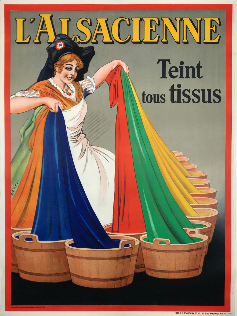 L'Alsacienne Teint tous Tissus Original 1926 Belgium Vintage Poster by Dorfinant (Dorfi). Linen Backed
