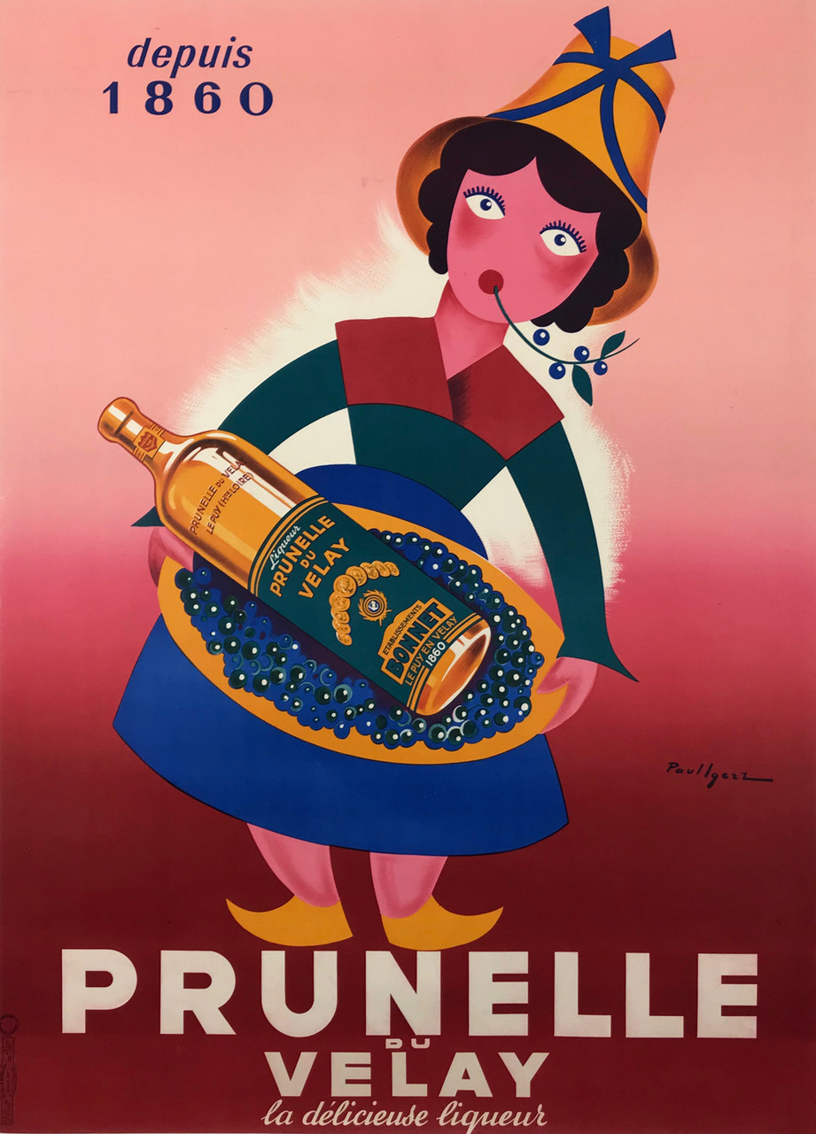Prunelle du Velay Liqueur by Igerz Original 1950 Vintage French Wine and Spirit Advertisement Lithograph Poster Linen Backed. Woman in a colorful dress chewing a twig and holding a tray with a bottle against a graduated red background. 