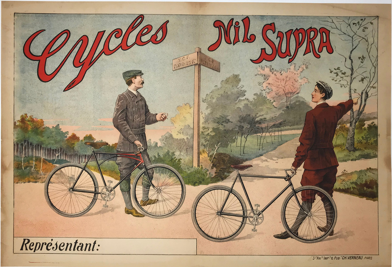 Cycles Nil Supra Original 1899 French Antique Stone Lithograph Advertisement Poster Linen Backed  