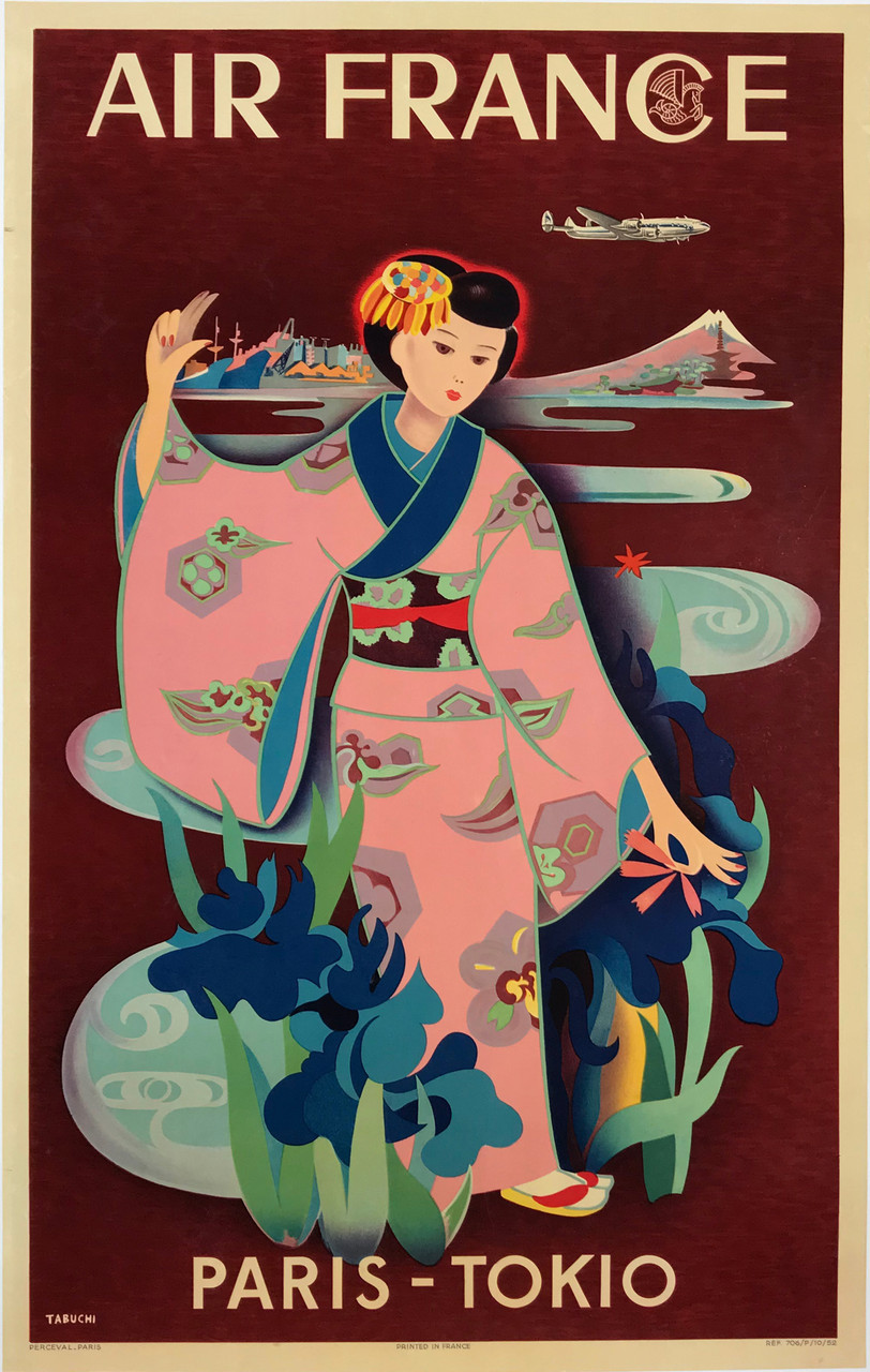 Air France Paris - Tokio by Yasse Tabuchi Original 1952 Vintage French Passenger Plane Travel Advertisement Stone Lithograph Poster Linen Backed .