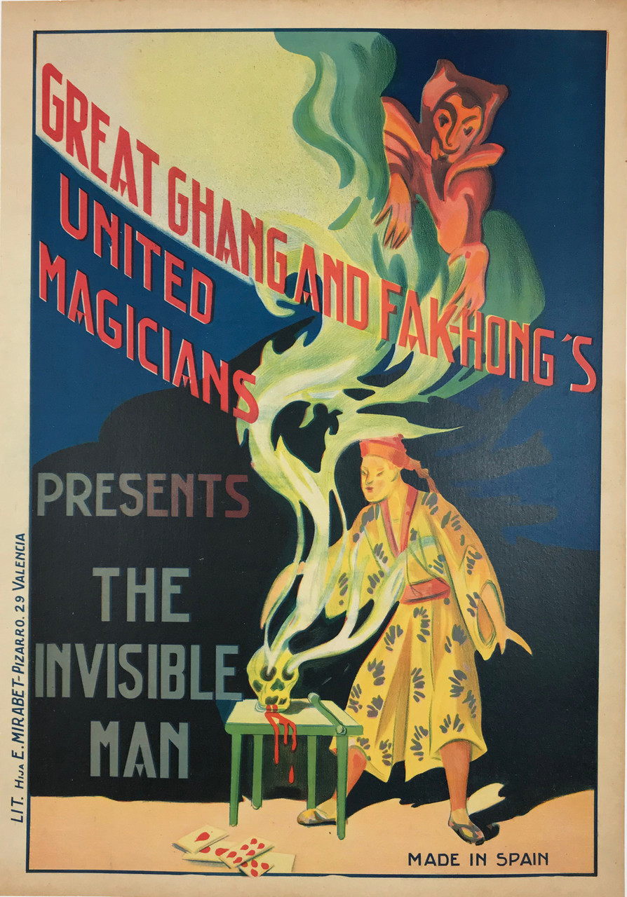 Great Chang And Fak-Hong's United Magicians Presents The Invisible Man Original 1920's Vintage Spanish Magic Stone Lithograph Advertisement Poster Linen Backed.