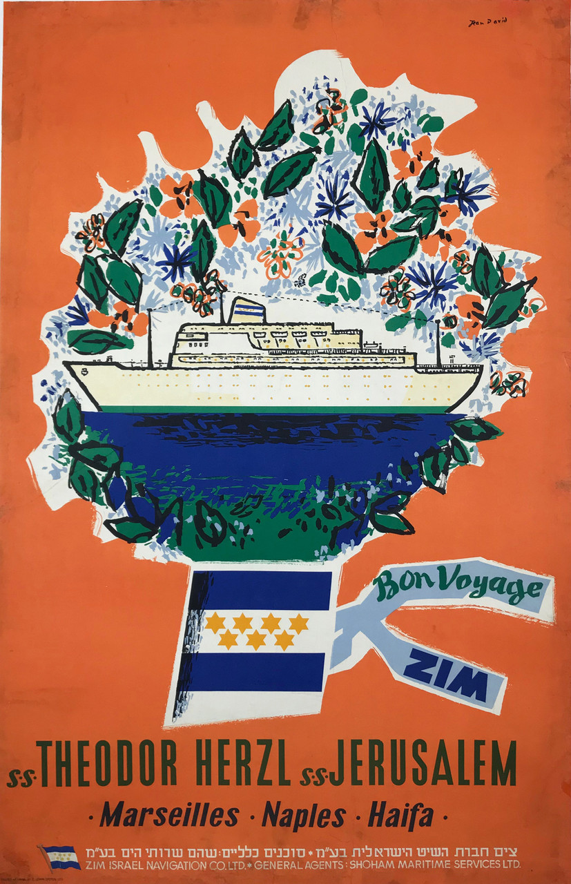 SS Jerusalem SS Theodor Herzl Bon Voyage ZIM Original 1965 Vintage Israel Travel Poster by Jean David Linen Backed.