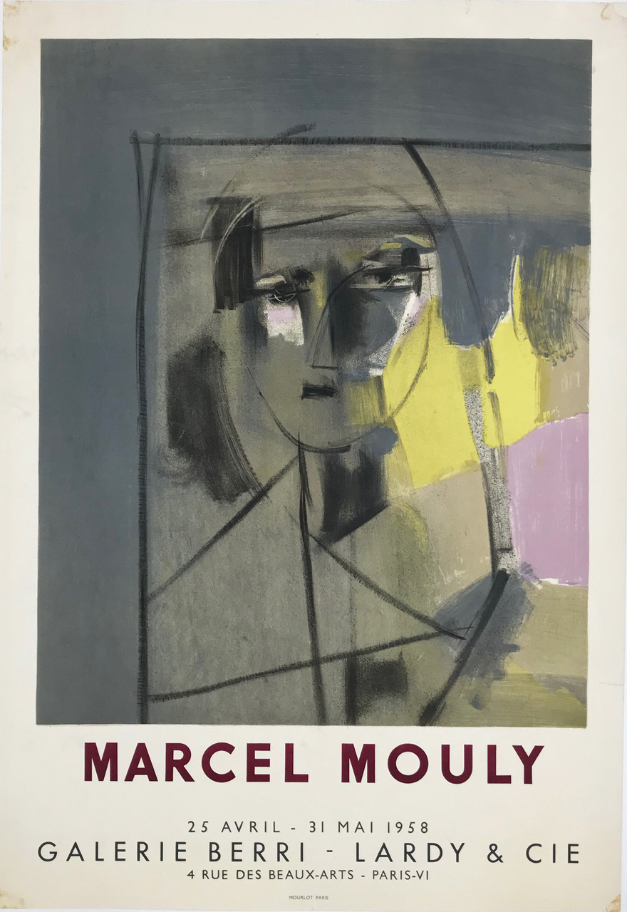Marcel Mouly Galerie Berri  Lardy & Cie Original 1958 French Vintage Gallery Exhibition Show Poster Printed by Mourlot Linen Backed. French advertisement for gallery exhibition.