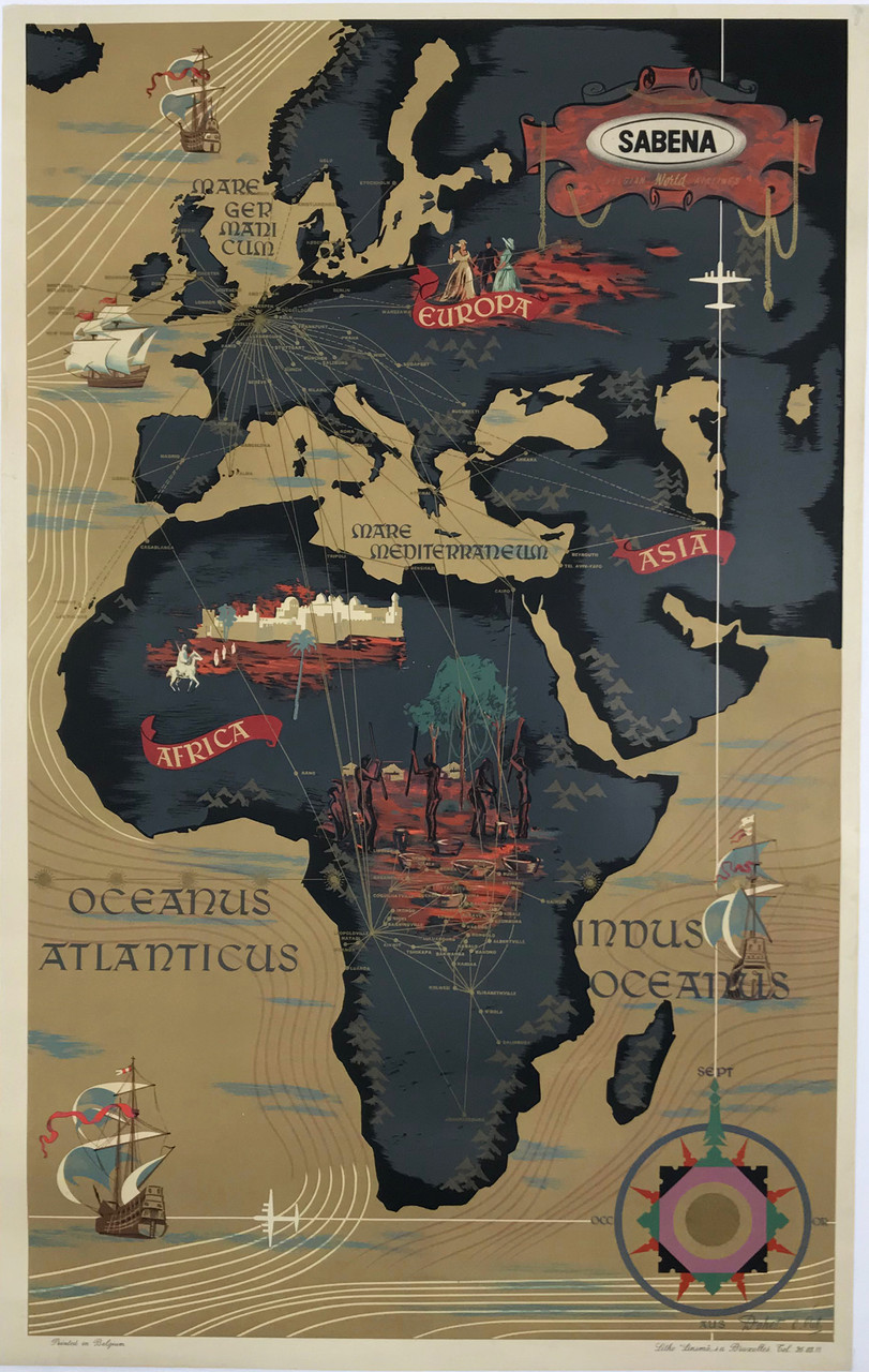 Sabena Belgian Airlines Europe Africa Route Map Original 1950 Vintage Travel Advertisement Antique Poster by Dohet Linen Backed.