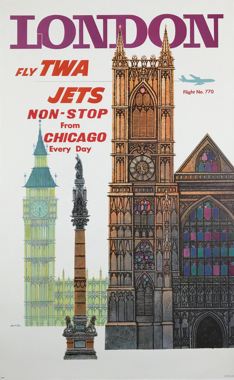 London Fly TWA Jets Non-Stop From Chicago Original 1960's American Vintage Travel Advertisement Poster by David Klein Linen Backed.