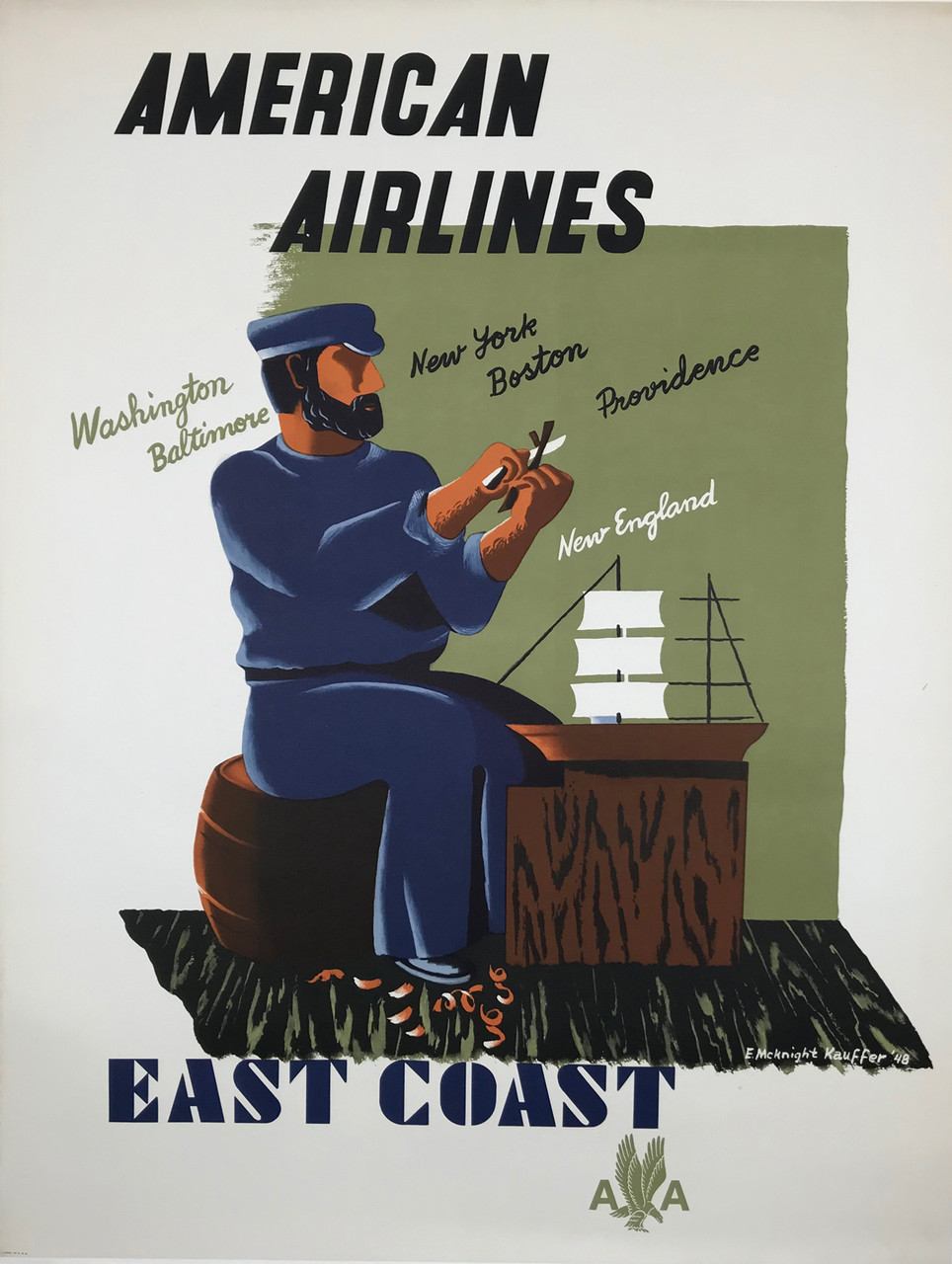 American Airlines East Coast Original 1948 Vintage Travel Poster by E. McKnight Kauffer Linen Backed.