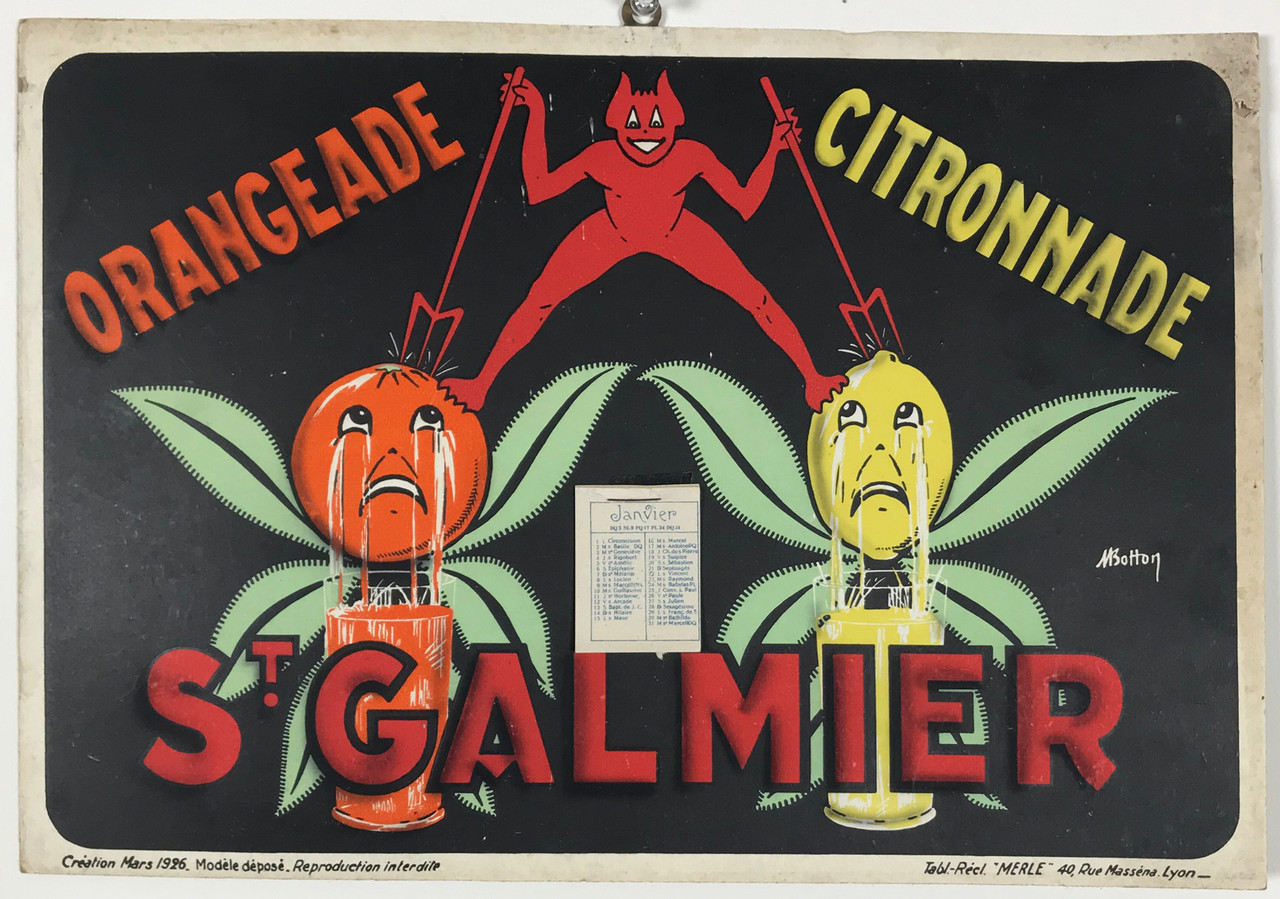 St. Galmier Orangeade Citronade by Botton Original 1926 French Store Display (Carton) Advertisement with Calendar.  Original French Vintage Store Display Poster. 