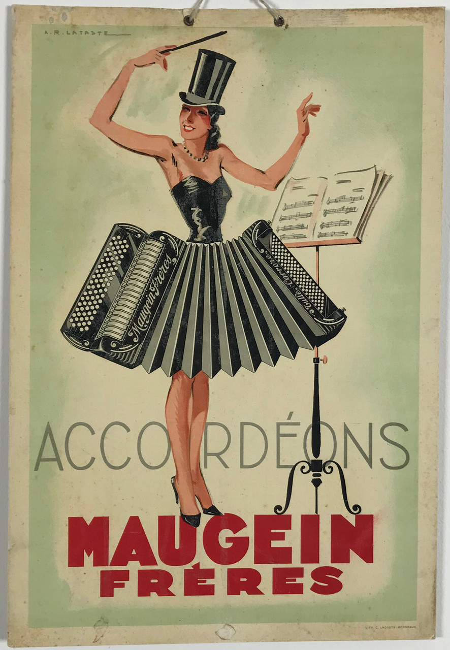 Accordeons Maugein Freres by Lataste Original 1930 French Vintage Store Display Poster. 