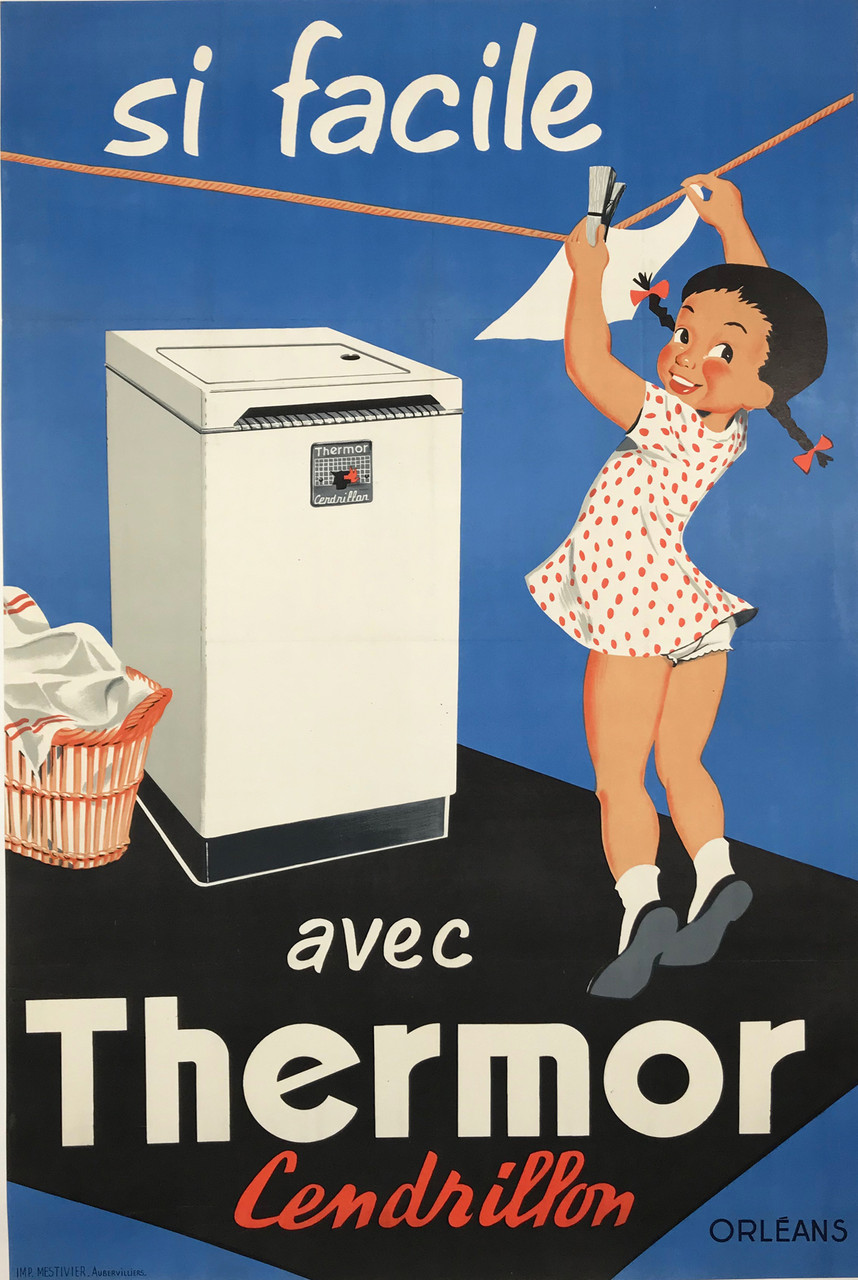 Thermor Cendrillon Si Facile by Imprimerie Mestivier Original 1958 French Vintage Lithograph Advertising Poster. French Washing Machine Advertisement.