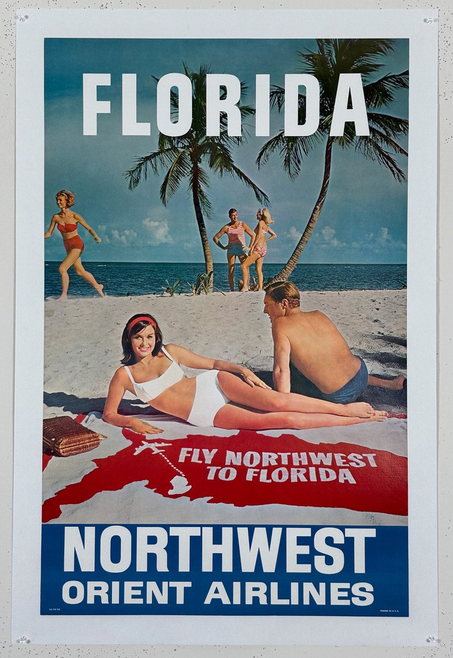 Northwest Orient Airlines Florida Poster Original 1950's Vintage American Lithograph Plane Service Travel Advertisement Linen Backed.