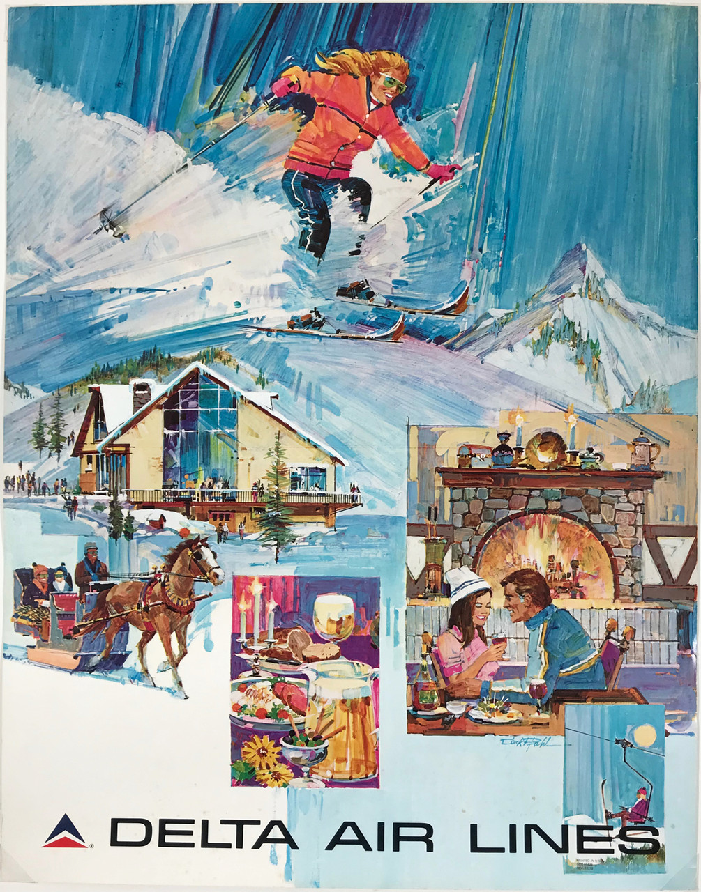 Delta Air Lines The Laurentians by Dick Pfahl Original 1973 Vintage American Passenger Airline Travel Advertisement Poster. Great destination for winter sports/sking.