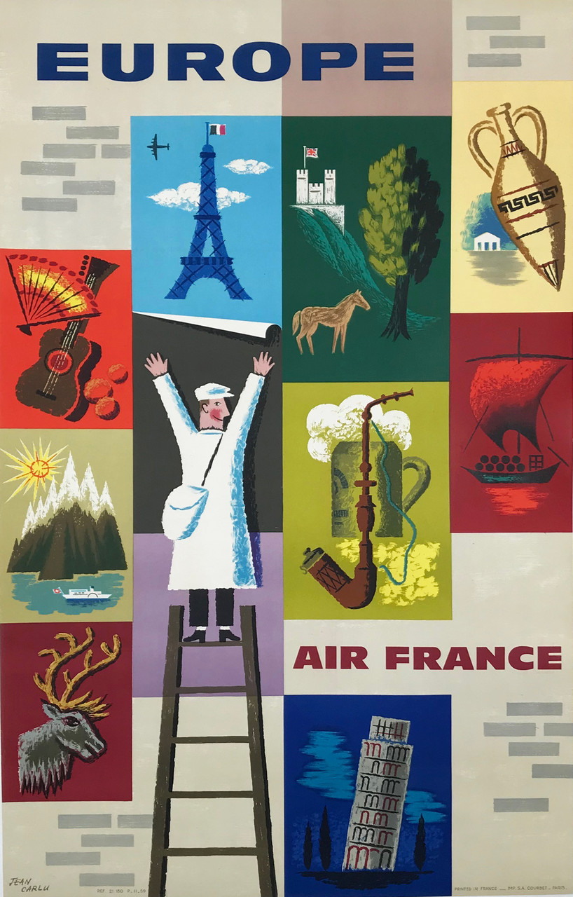 Air France to Europe by Jean Carlu Original 1957 Vintage French Passenger Plane Travel Advertisement Lithograph Poster Linen Backed.