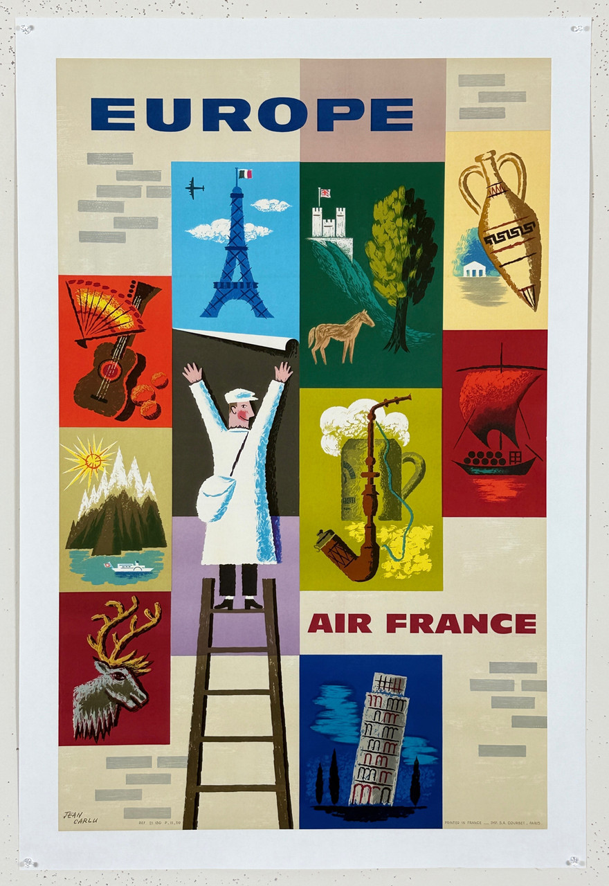 Air France to Europe Poster By Jean Carlu Original 1957 Vintage French Lithograph Passenger Plane Travel Advertisement Linen Backed.