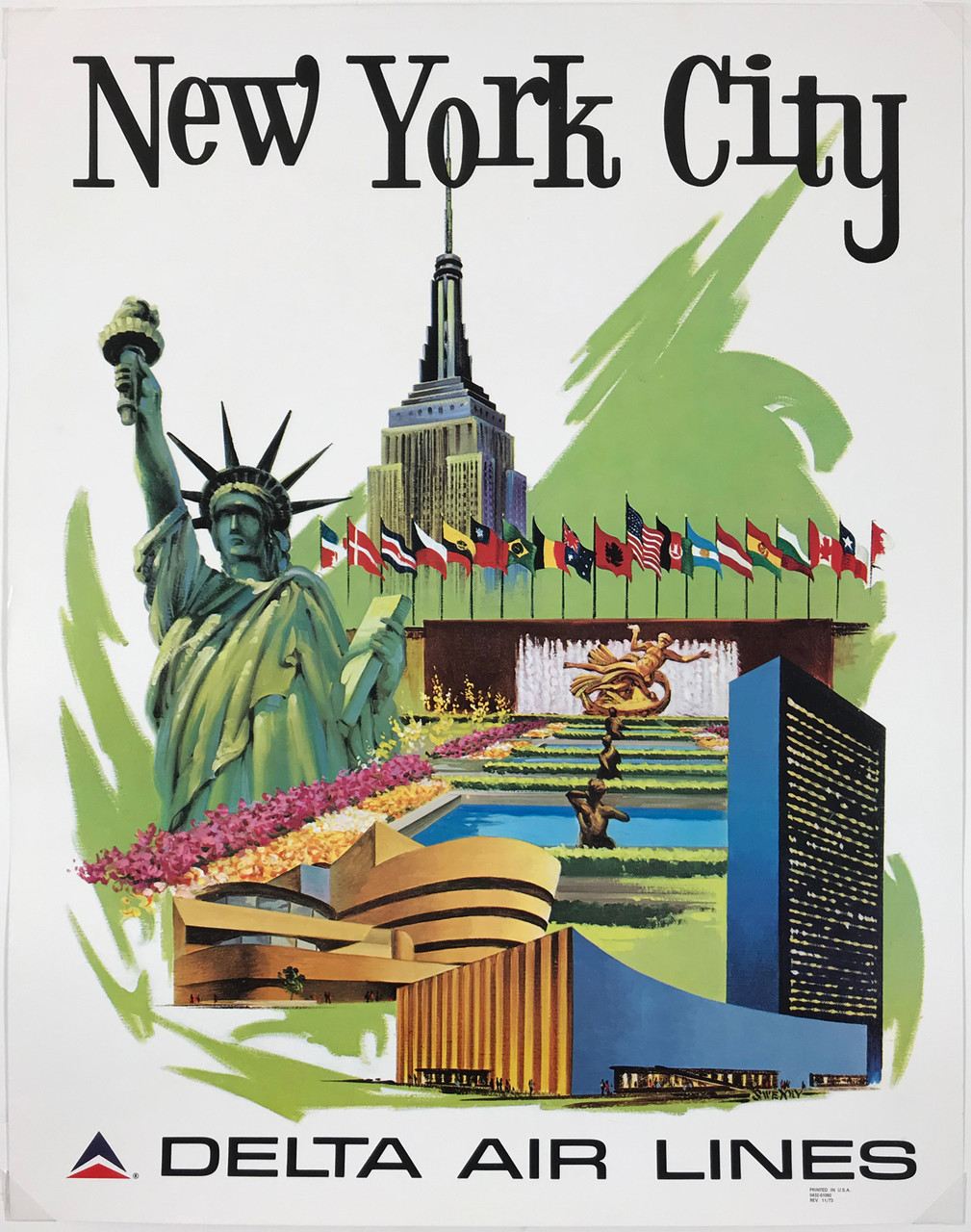 Delta Air Lines New York City by Sweney Original 1970's Vintage American Passenger Airline Travel Advertisement Lithograph Poster.