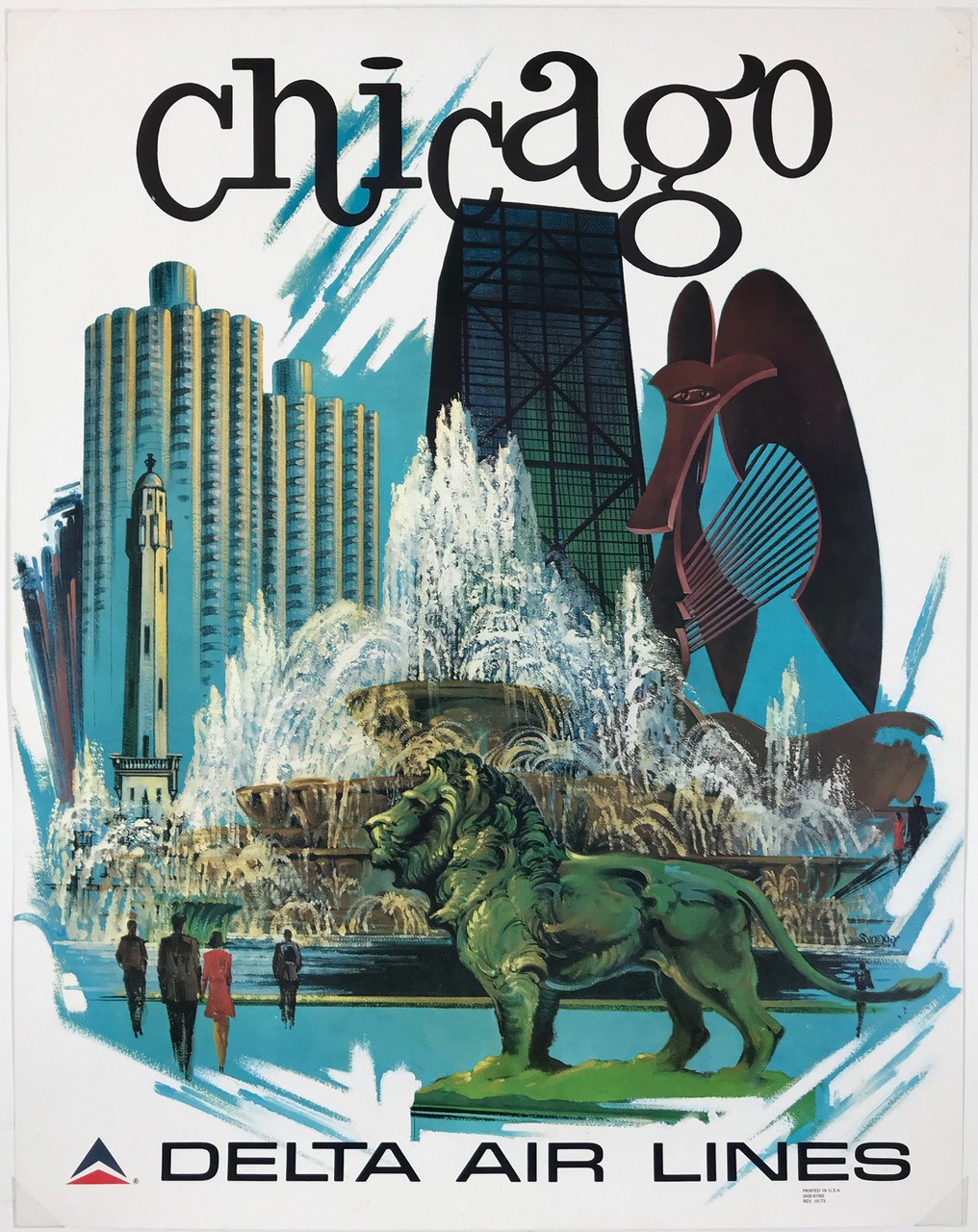 Delta Air Lines Chicago by Fred Sweney Original 1970's Vintage American Passenger Airline Travel Advertisement Lithograph Poster.