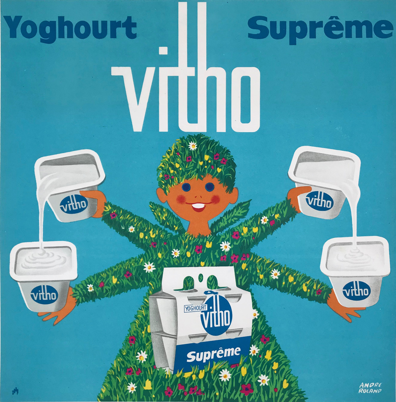 Vitho Supreme Yoghourt by Andre Roland Original 1959 Vintage French Yogurt Advertisement Lithograph Poster Linen Backed.