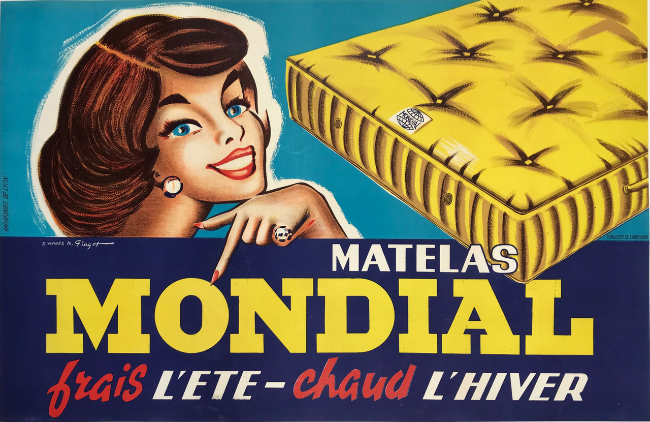 Mondial Matelas by M. Pinget Original 1956 Vintage French Mattress Advertisement Plate Lithograph Poster Linen Backed.