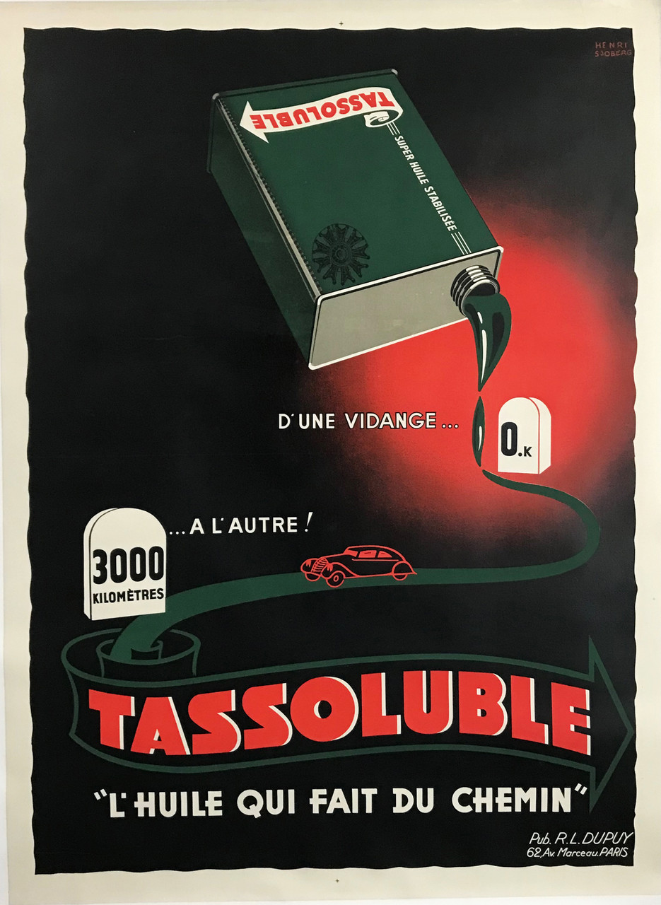 Tassoluble Super Huile Stabilisee by Henri Sjoberg Original 1938 Vintage French Automobile Related Advertisement Stone Lithography Poster Linen Backed.  