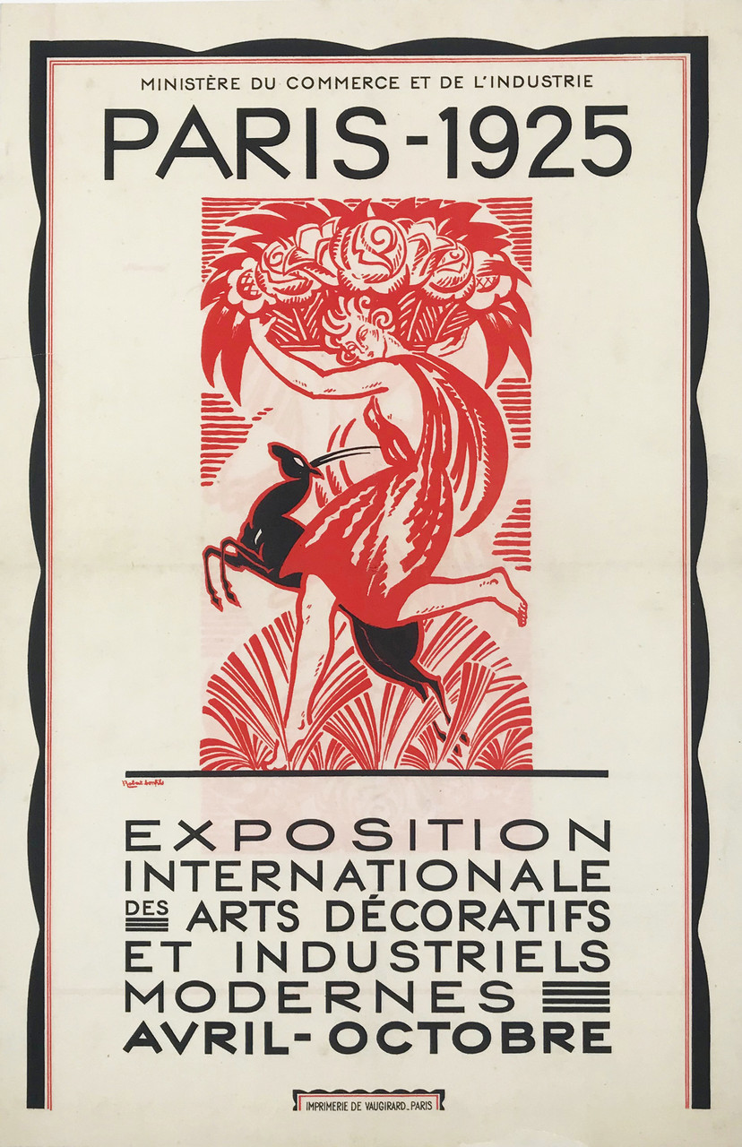 Paris 1925 Exposition Internationale Des Arts by Robert Bonfils Original Vintage Rare French Art Deco Advertisement Stone Lithograph Poster Linen Backed. 