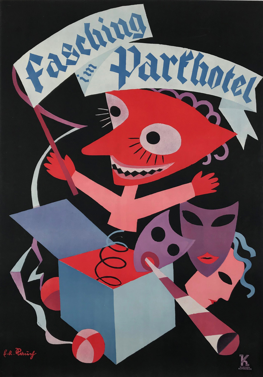 Fasching Im Parkhotel Original 1936 Vintage German Carnival Advertisement Linen Backed.  Carnival In the Park Hotel