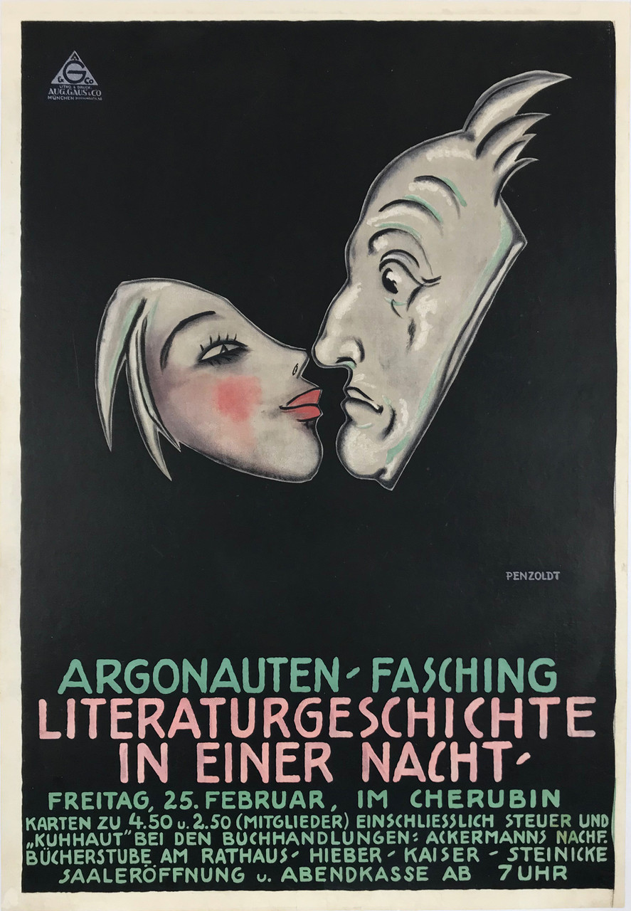 Argonauten Fasching by Ernst Penzoldt Original 1927 Vintage German Literary Event Advertisement Linen Backed.  "Argonaut Carnival ... literary history in one night ".