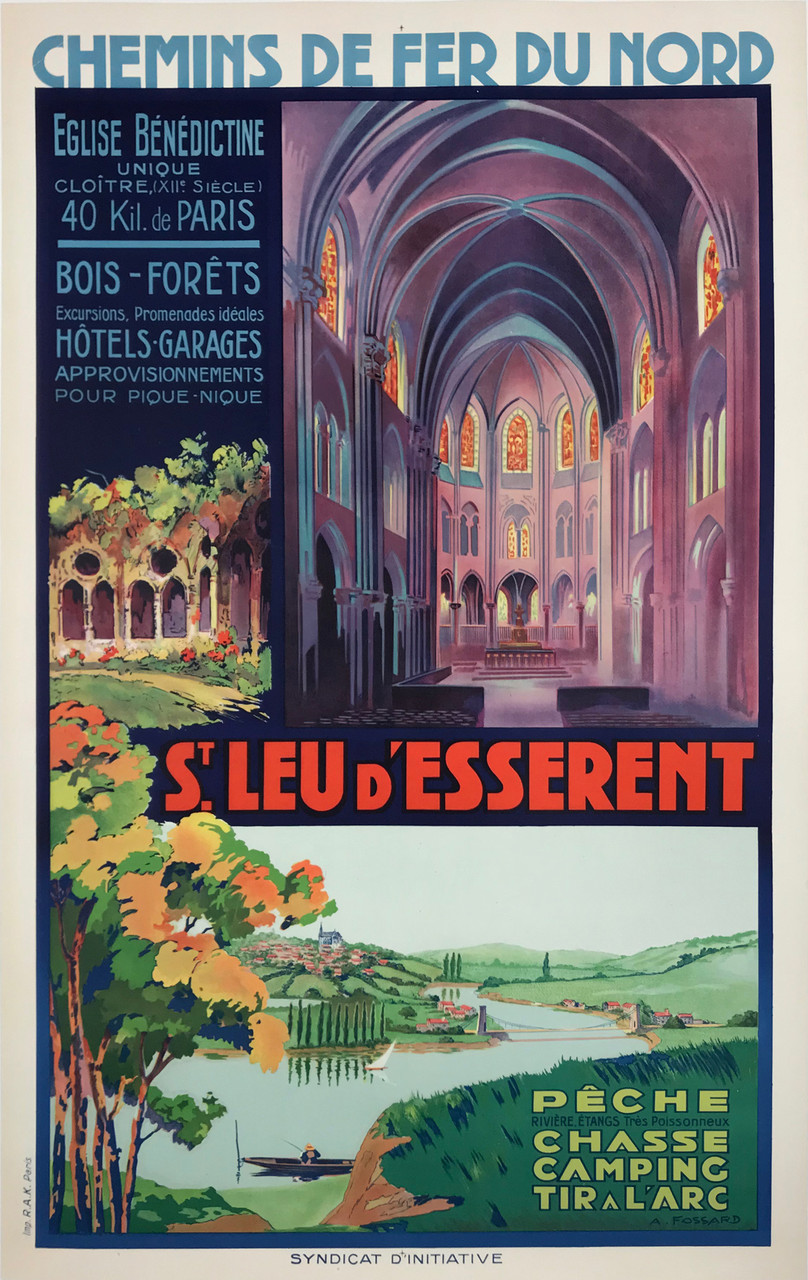 St. Leu D'Esserent by A. Fossard  Original 1920 Vintage French Travel Advertisement Stone Lithograph Poster Linen Backed.