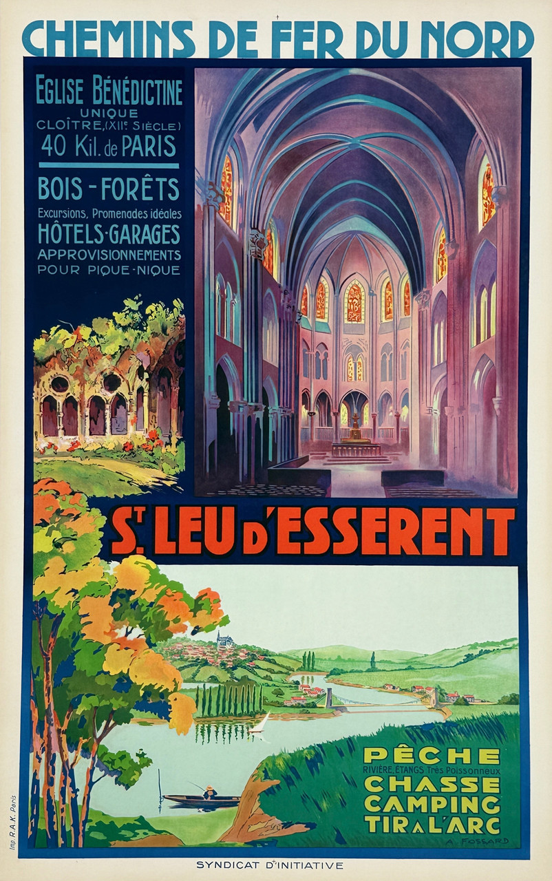 St. Leu D'Esserent Poster by A. Fossard Original 1920 Vintage French Stone Lithograph Passenger Railway Train Travel Advertisement Linen Backed.