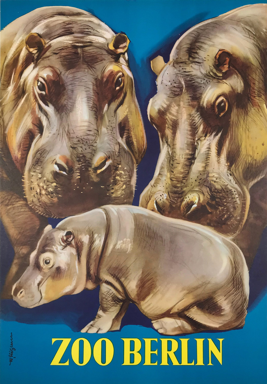 Zoo Berlin Hippos Signed by the Artist Original 1958 Vintage German Zoo Advertisement Travel Lithograph Linen Backed. Ultra Rare  East Germany Zoo Advertisement.