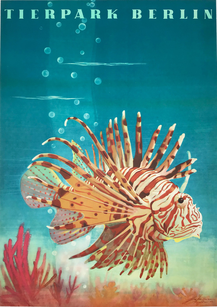Tierpark Berlin Lion Fish by Horst Naumann Original 1964 Vintage East Germany Zoo Travel Advertisement Lithograph Poster Linen Backed. 