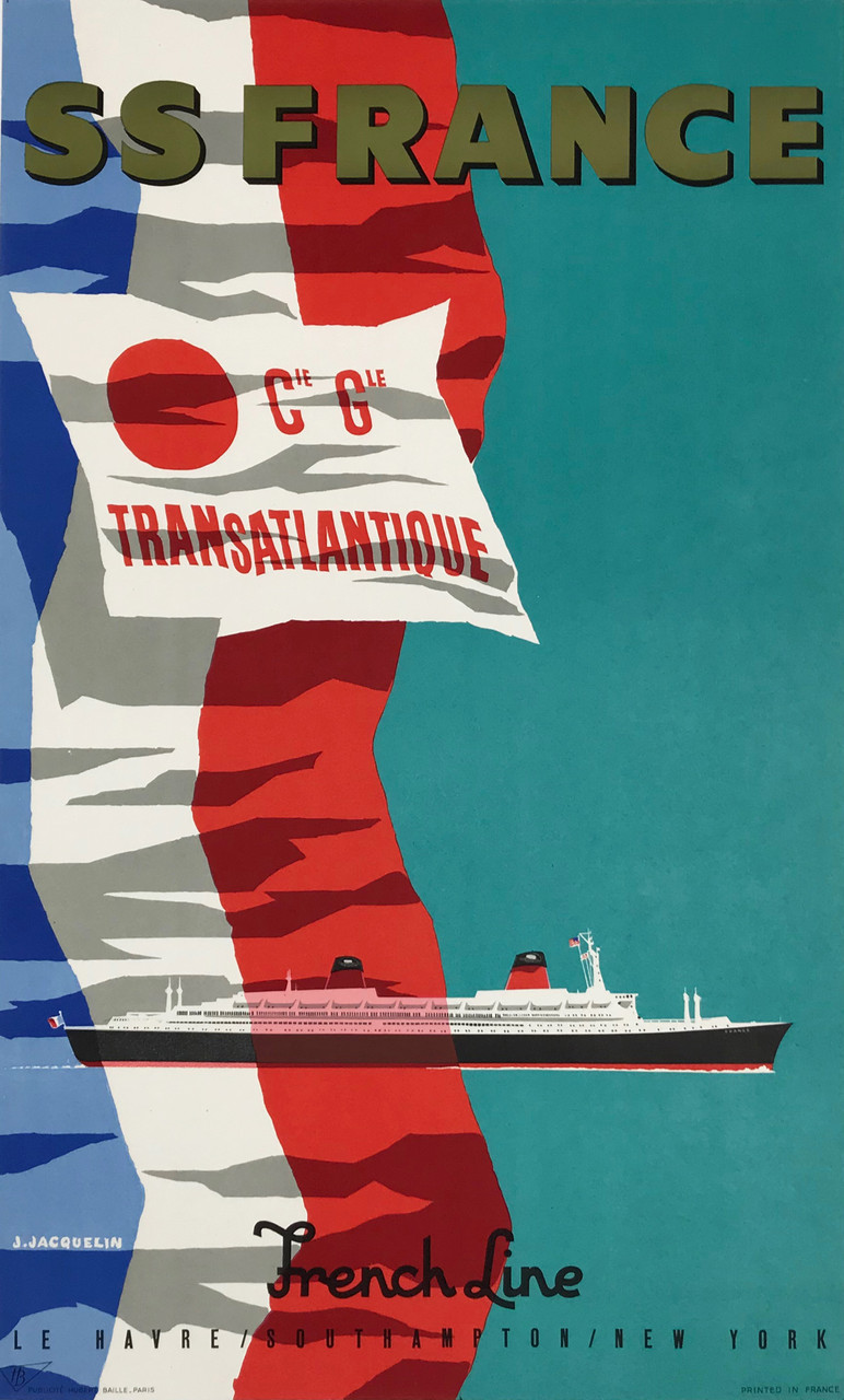 SS France Cie Gle Transatlantique French Line by J. Jacquelin Original 1961 Vintage French Passenger Boat Travel Advertisement Poster Linen Backed.  SS France Maiden Voyage Was February 3RD 1962 ... Le Havre / Southhampton / New York