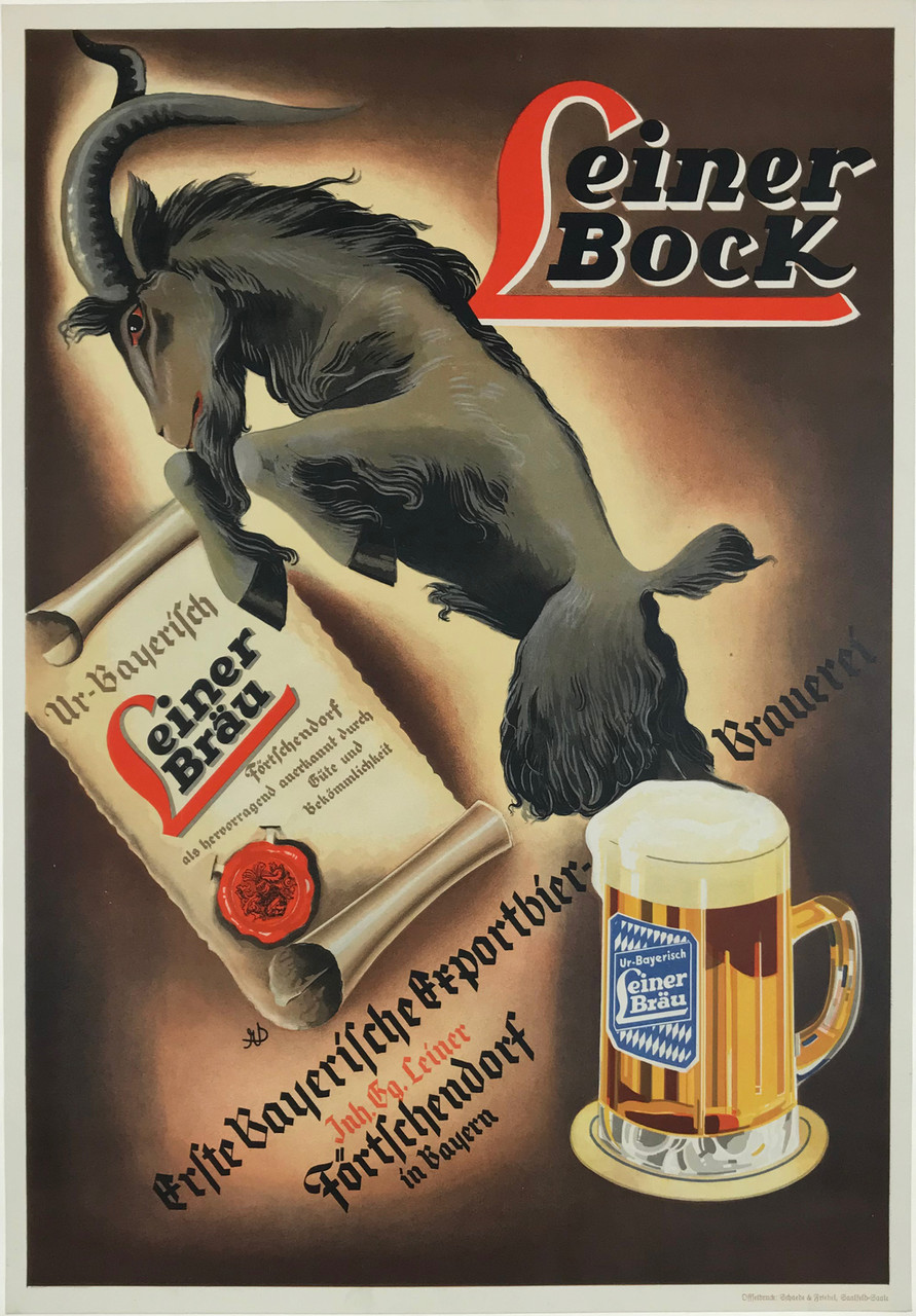 Leiner Bock Brau Original 1940's Vintage German Beer Advertisement Lithograph Poster Linen Backed. 