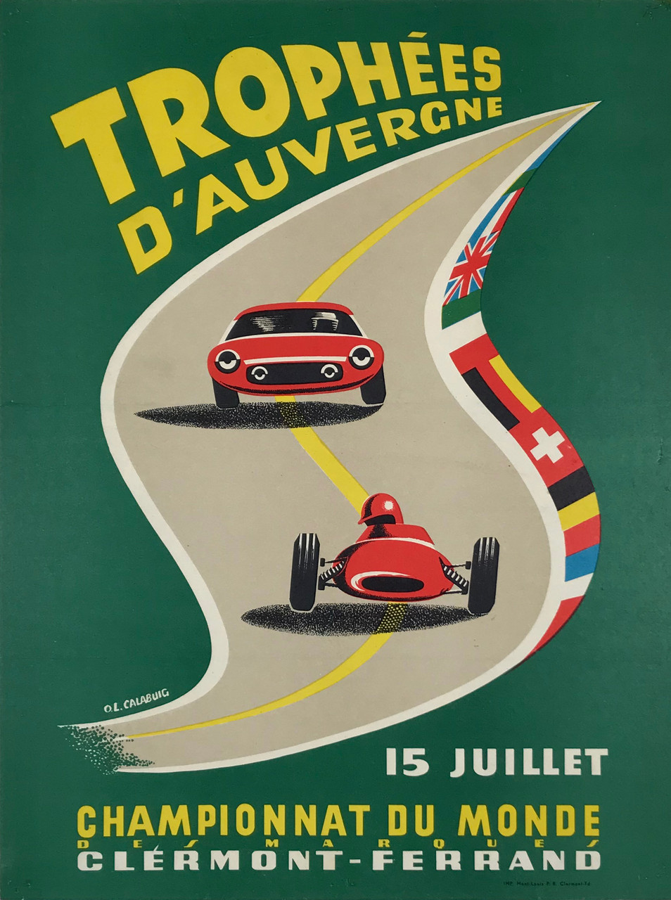 Trophees D'Auvergne Championnat Du Monde by O.L Calabuig Original 1962 Vintage French Car Racing Advertisement Poster Linen Backed.