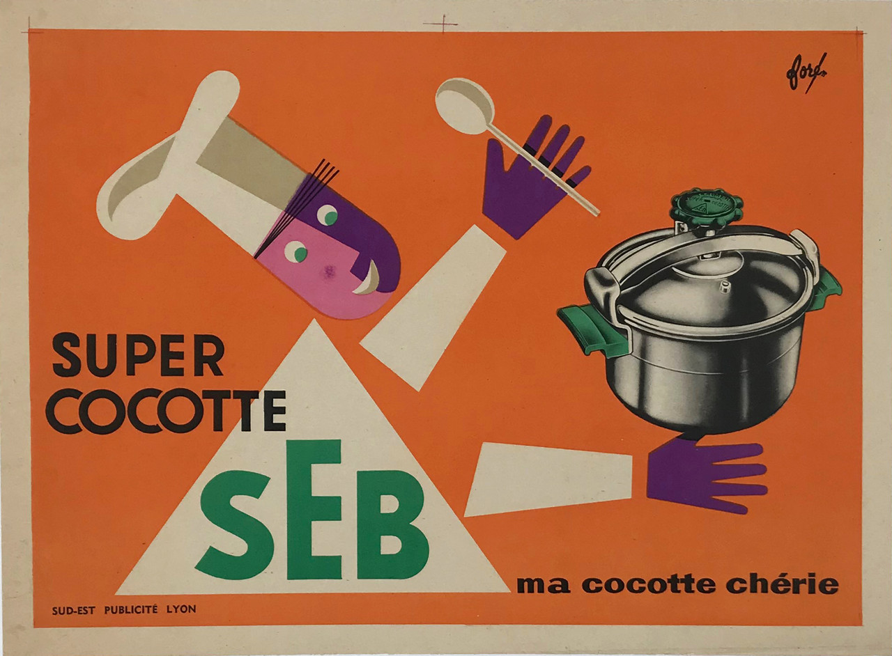 Super Cocotte SEB by Fore Original 1955 Vintage French Cookware Advertisement Lithograph Poster Linen Backed.