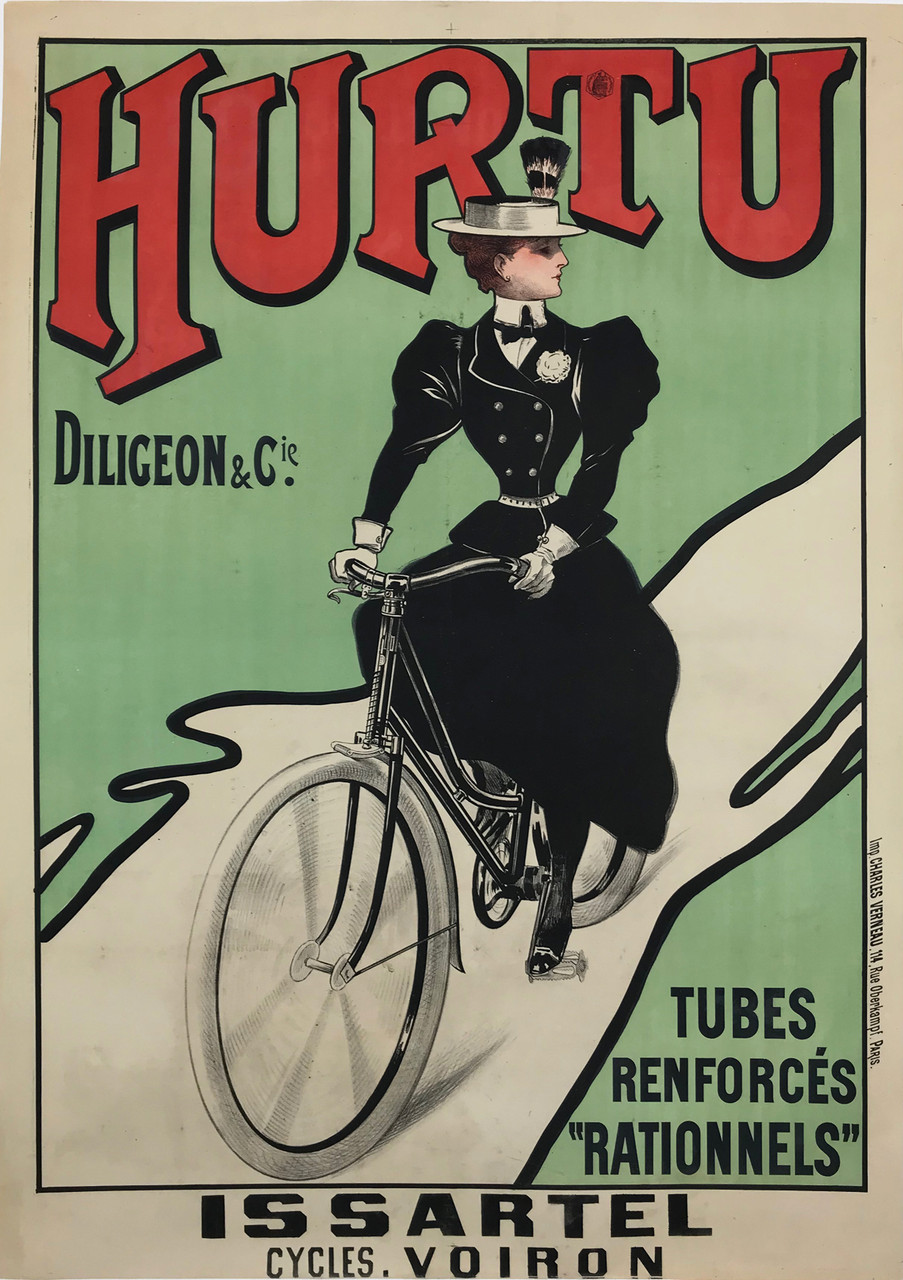 Hurtu Cycles Printed by Charles Verneau Original 1898 Vintage French Bicycle Company Advertisement Antique Stone Lithograph Poster Linen Backed.