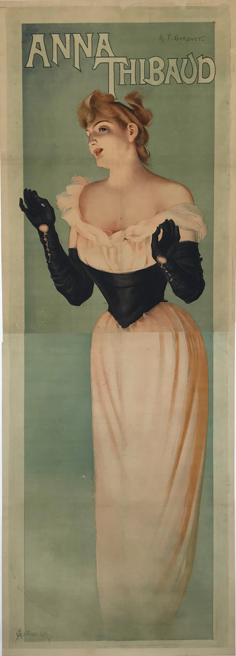 Anna Thibaud A.F. Gorgvet Original 1897 Vintage French Chanteuse Singer Cabaret Performance Advertisement Antique Stone Lithograph Poster Linen Backed.